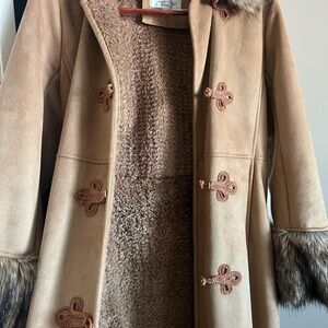 Tan Faux-Shearling Teddy Coat with Fur-Trimmed Cuffs~ Tasha Polizzi